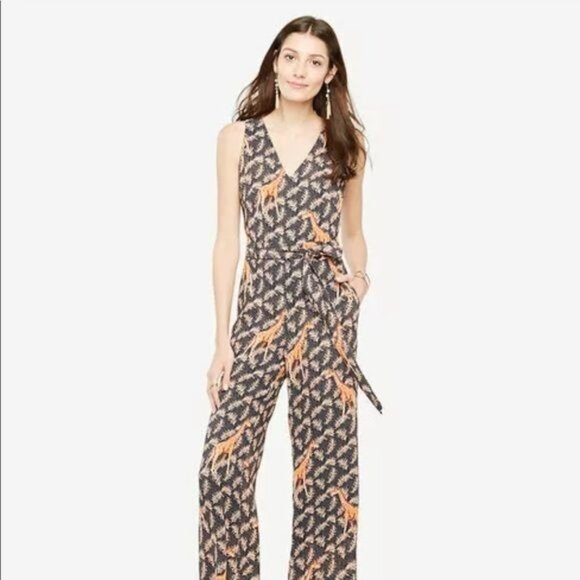 Ann Taylor Giraffe Print Jumpsuit With Pockets & Waist Tie 8P Comfort Sophistica - Picture 1 of 5